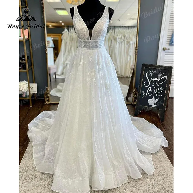 Elegante abito da sposa senza maniche con Glitter lucido scollo a V con scollo a V basso abiti da sposa vestido De casamento 2022