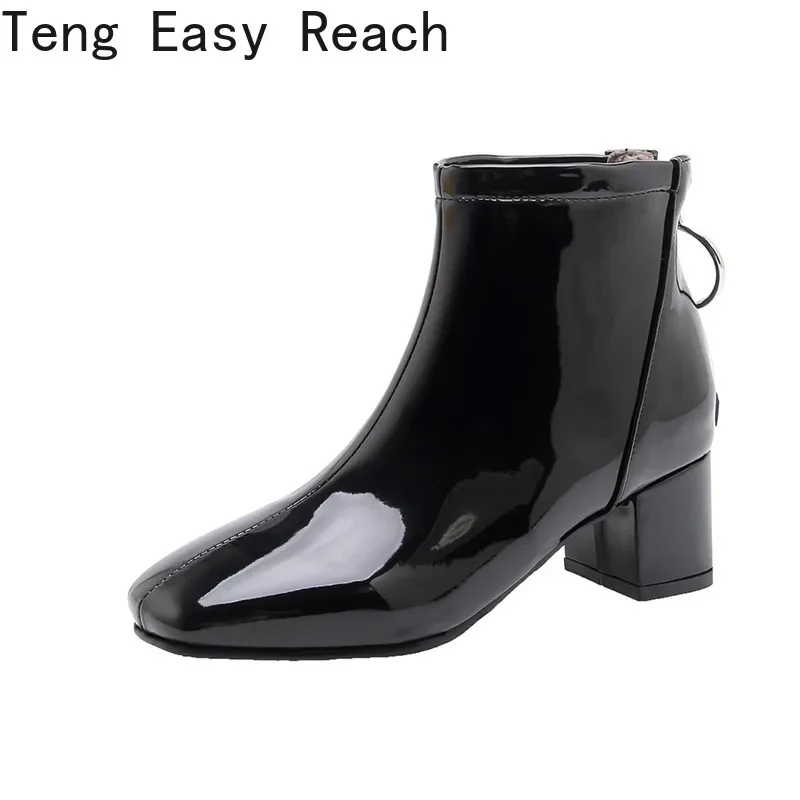 The New Patent Leather Ankle Boots Women Winter Autumn Square High Heel Zipper Boots Round Toe Woman Shoes White Red Black Pink