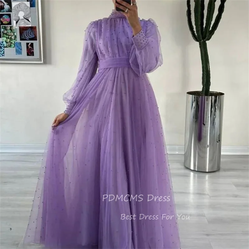 

Luxury Lilac Beaded Arabic Prom Dresses Long Sleeves Sweetheart A-Line Evening Gowns Muslim High Neck Dubai Formal Party Dress