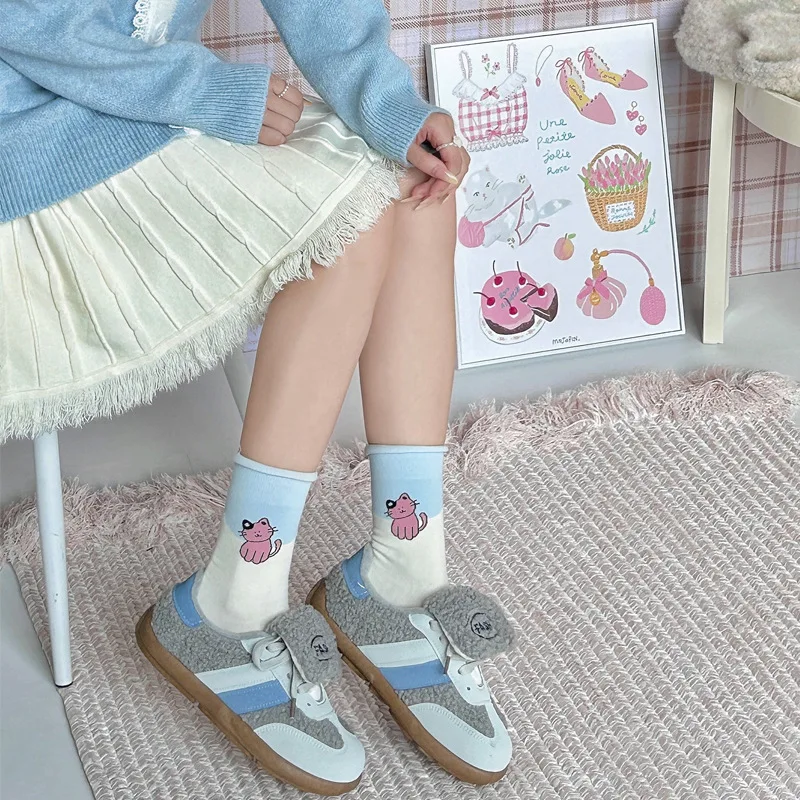 

Cartoon Cat Socks Women Autumn New Cute Kitten Mid Cuff Letter Edge Stacked Socks Pink
