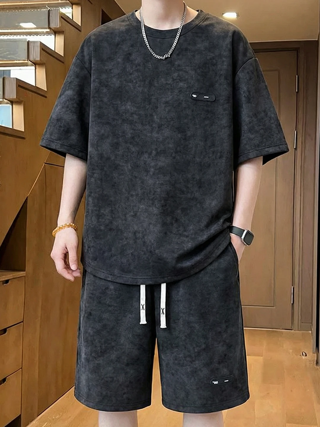 summer-large-size-men's-t-shirt-set-casual-sport-short-sleeve-loose-fit-shorts-two-piece-suit-polyester-spandex-blend