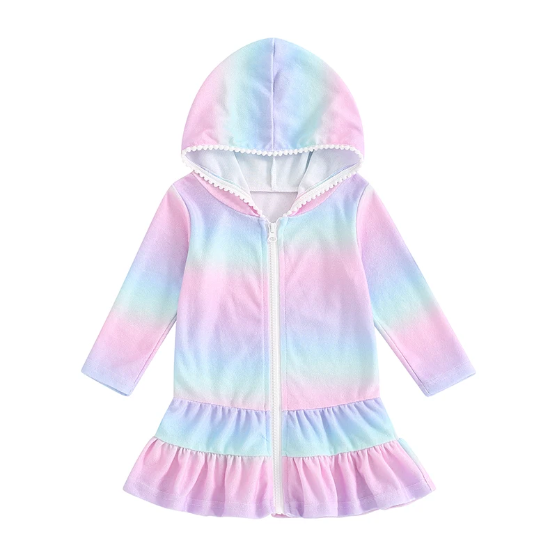 غطاء على ملابس السباحة للفتيات بطباعة قوس قزح ، أكمام طويلة ، هودي بسحاب ، واقي من الطفح الجلدي ، بدلة سباحة للأطفال الصغار ، الأطفال ، الصيف