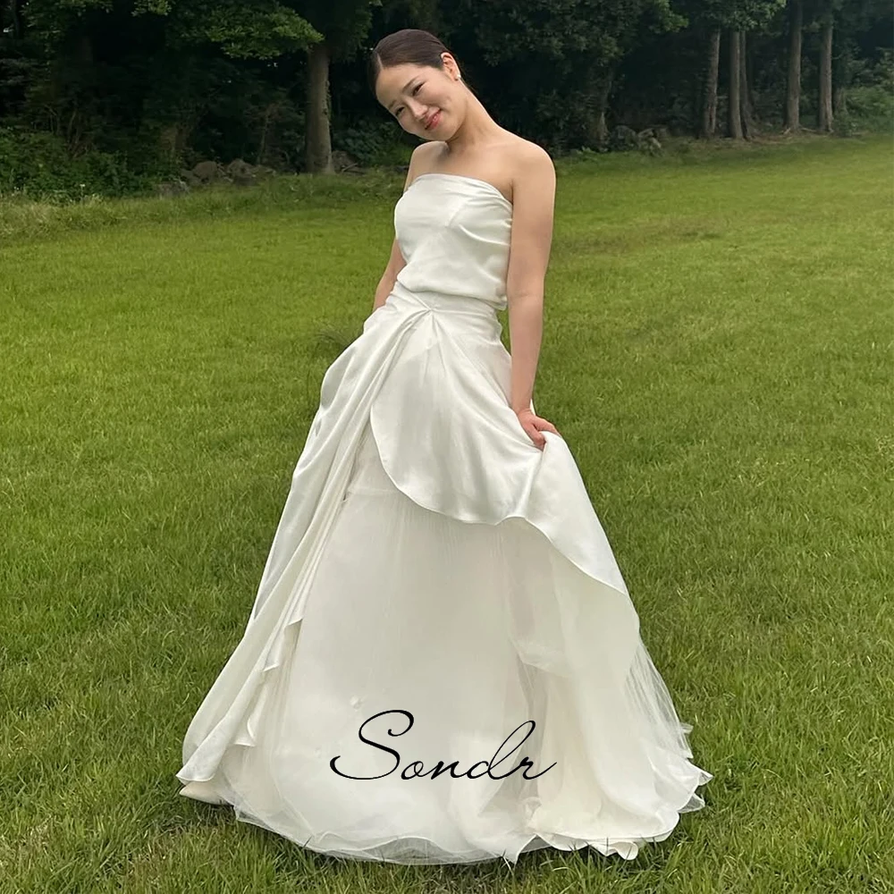 

Sondr Korean Wedding Dresses Customized A Line Strapless Silk Organza and Satin Wedding Snap Dresses Outdoor Bridal Gown