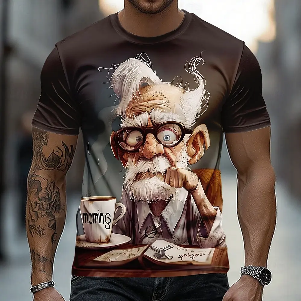 Men's Spring Summer 3D Printed Crew Neck T-Shirt, Grumpy Old Man I Hate Mornings Coffee Cup Print Casual Daily Tee