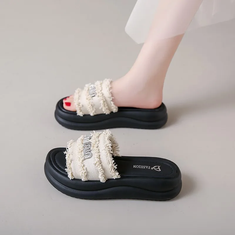 Women Slides Slippers Summer New Woman Beach .Retro Peep Toe Slip on Wedges Platform Designer Casual Open Toe Flat Sandals