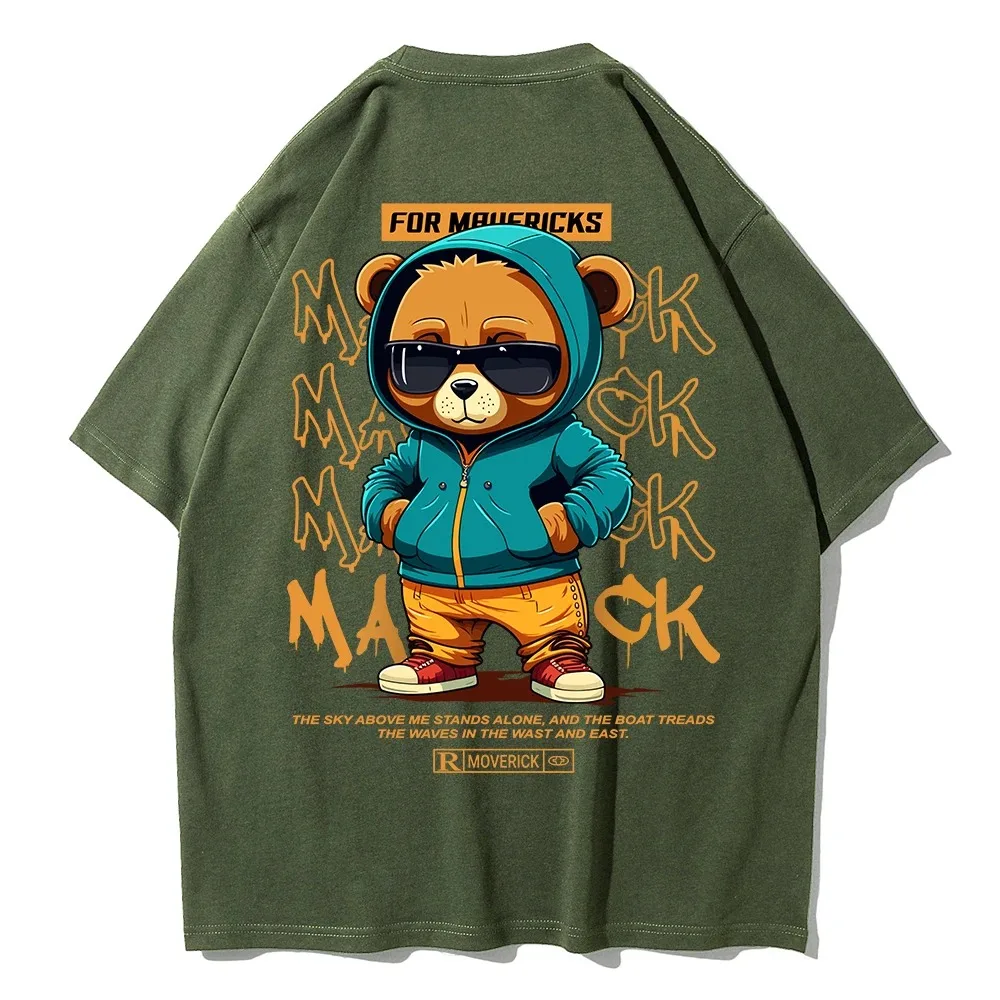 Cotton Fashion Bear Pattern Printed Men's T Shirt Round Neck Loose Tops Breathable Comfortable Casual Oversized Women Clothing