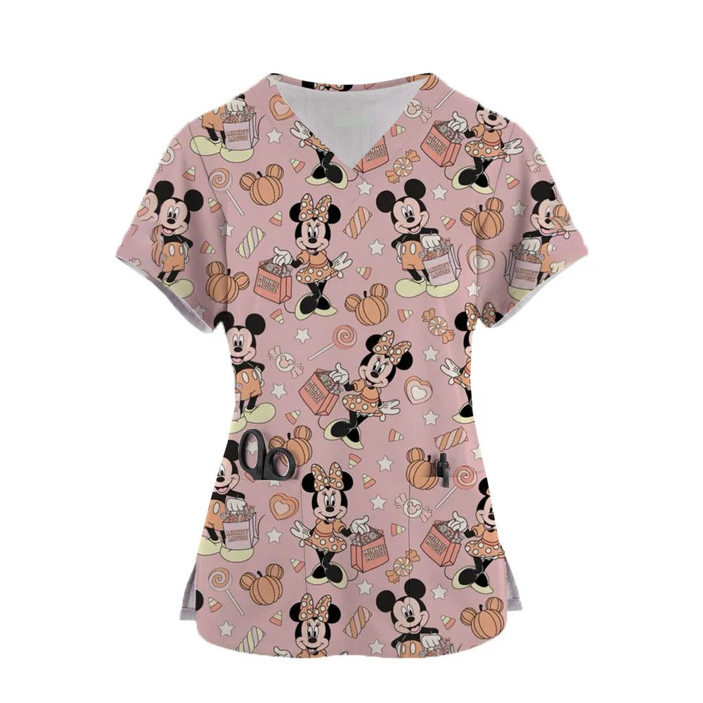 V-Neck Short Sleeve Pocket Care Workers T-Shirt Tops Summer Mickey Mouse Uniformes De Enfermera Women's Medical Clothes forWomen