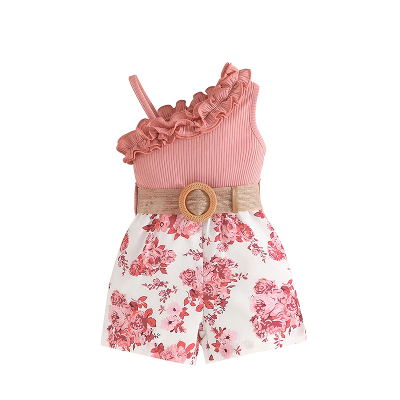 Kid Girls Jumpsuit Sleeveless Ruffled Flower Print Romper Clothes with Belt for Casual Daily