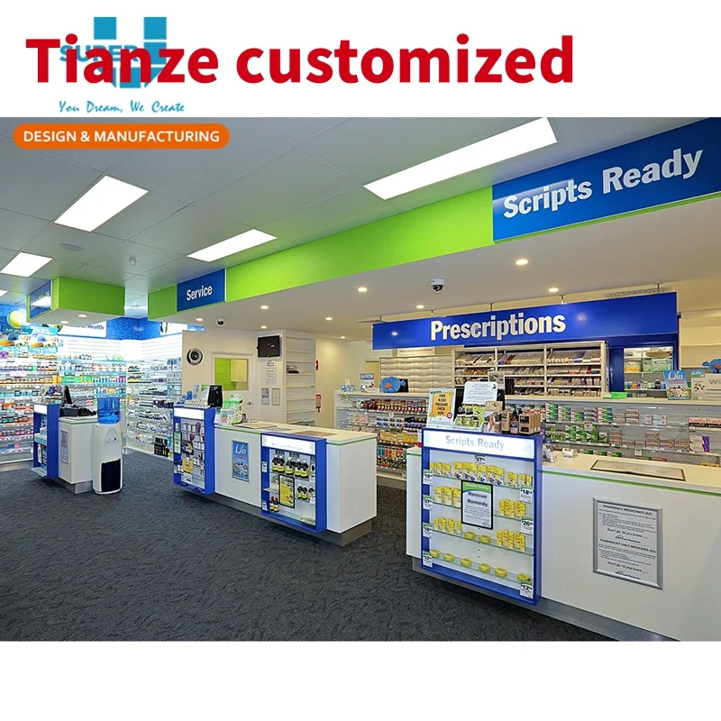 

(customized)Bespoke Wood Shop Counter Display Fixture Store Fittings Glass Wood Showcase Designs Medical Store Pharma