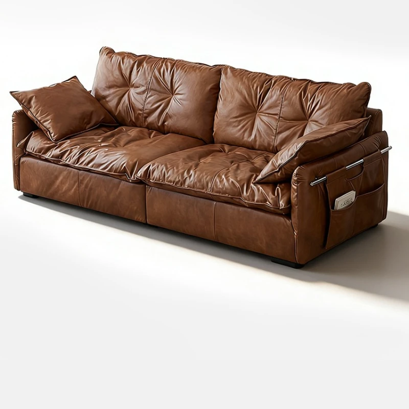 

Sofa leather light luxury high-end floor-to-ceiling large apartment retro brown three-person sofa combination