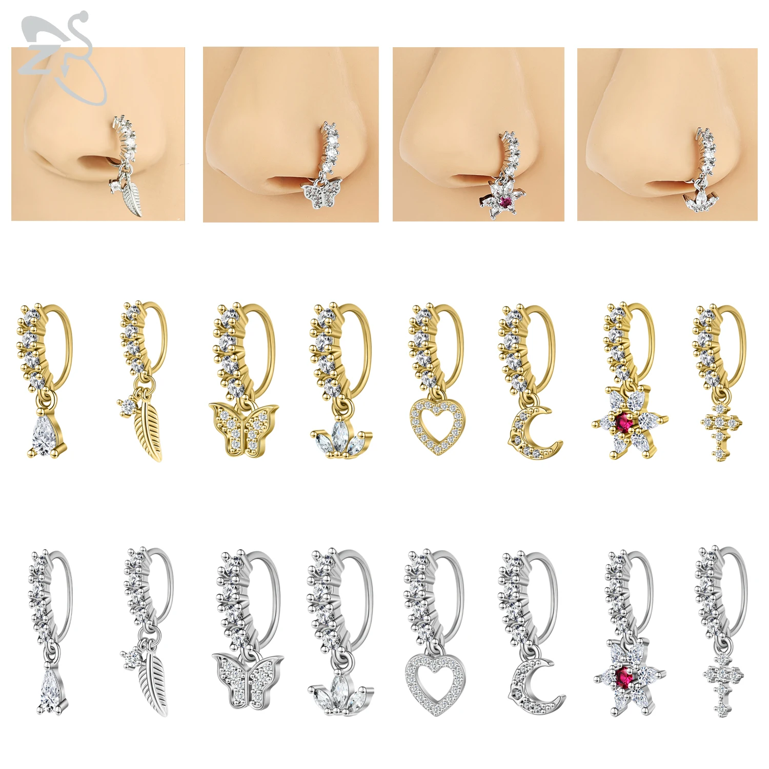 ZS 1PC Butterfly Leaf Moon Shape Nose Piercing Silver Color Septum Ring Stainless Steel Nose Clicker Cartilage Piercing 20G