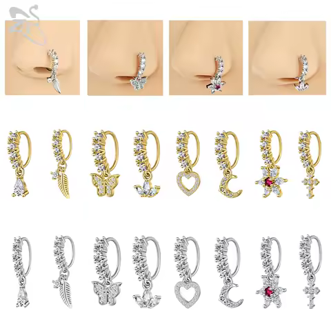 ZS 1PC Butterfly Leaf Moon Shape Nose Piercing Silver Color Septum Ring Stainless Steel Nose Clicker Cartilage Piercing 20G