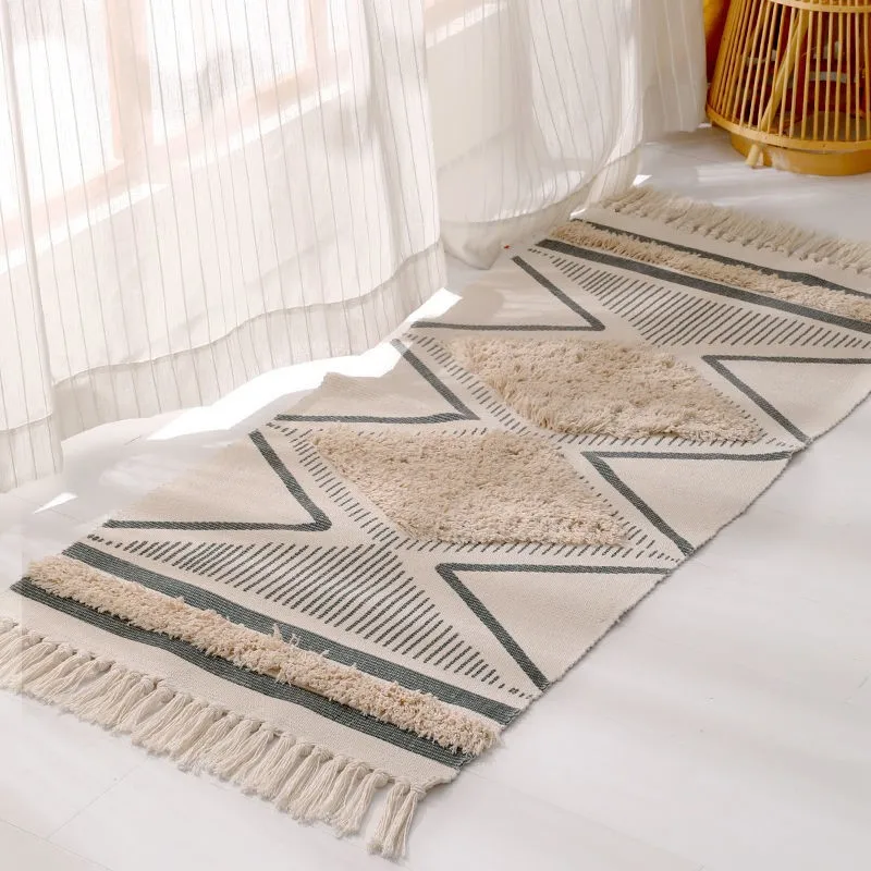 

Nordic Style Cotton Linen Carpet Home Living Room Bay Window Bedroom Bedside Cotton Thread Woven Tassel Blanket Photo Prop