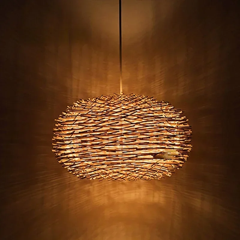 

Pendant Lamp Bird Nest Light Nordic Rattan Wicker Wood Handmade Hotel Restaurant Cafe Living Dinning Room Suspension Lighting