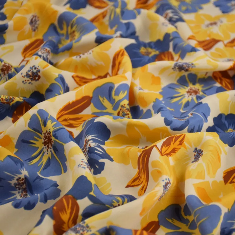 Chiffon fabric with large flower print, high quality, retro, yellow, blue, for spring and summer dress, cheongsam, t2005