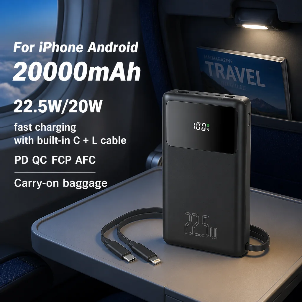 Power Bank Built-in Dual Lines 20000mAh Mini Portable Fast Charging Power Supply Compatible With iPhone Android Mobile Phones