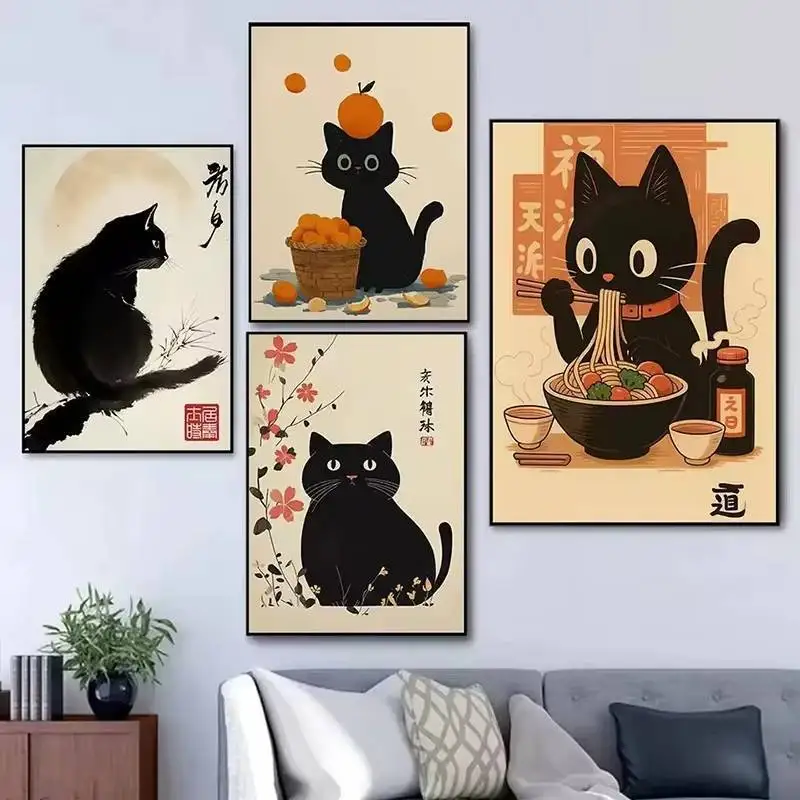 Cute Japanese Black Cat Wall Art,Vintage Ukiyoe Food Noodle Sushi Kitty Canvas Prints,Kitchen Bedroom Home Decor Cat Lover Gifts