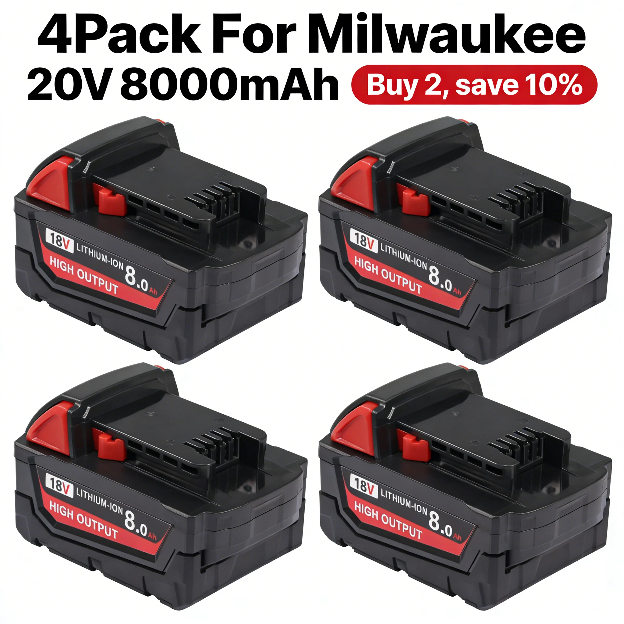 4-Pack High Capacity 8000Ah Replacement Battery for Milwaukee M18 18V Tools Model 48-11-1890 48-11-1850