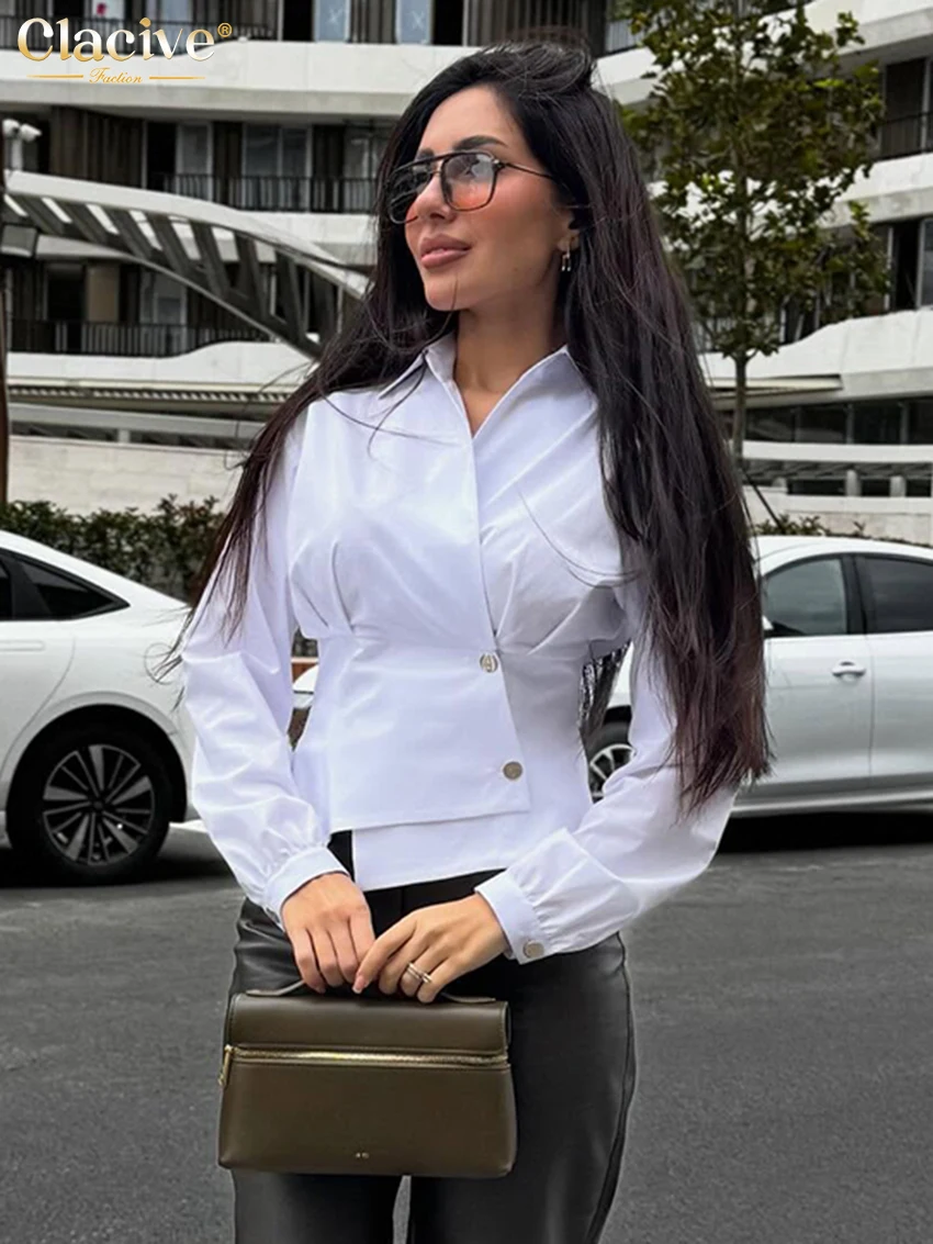 

Clacive Fashion Loose White Cotton Women's Shirt 2026 Casual Lapel Long Sleeve Blouse Elegant Classic Crop Top Female Clothing