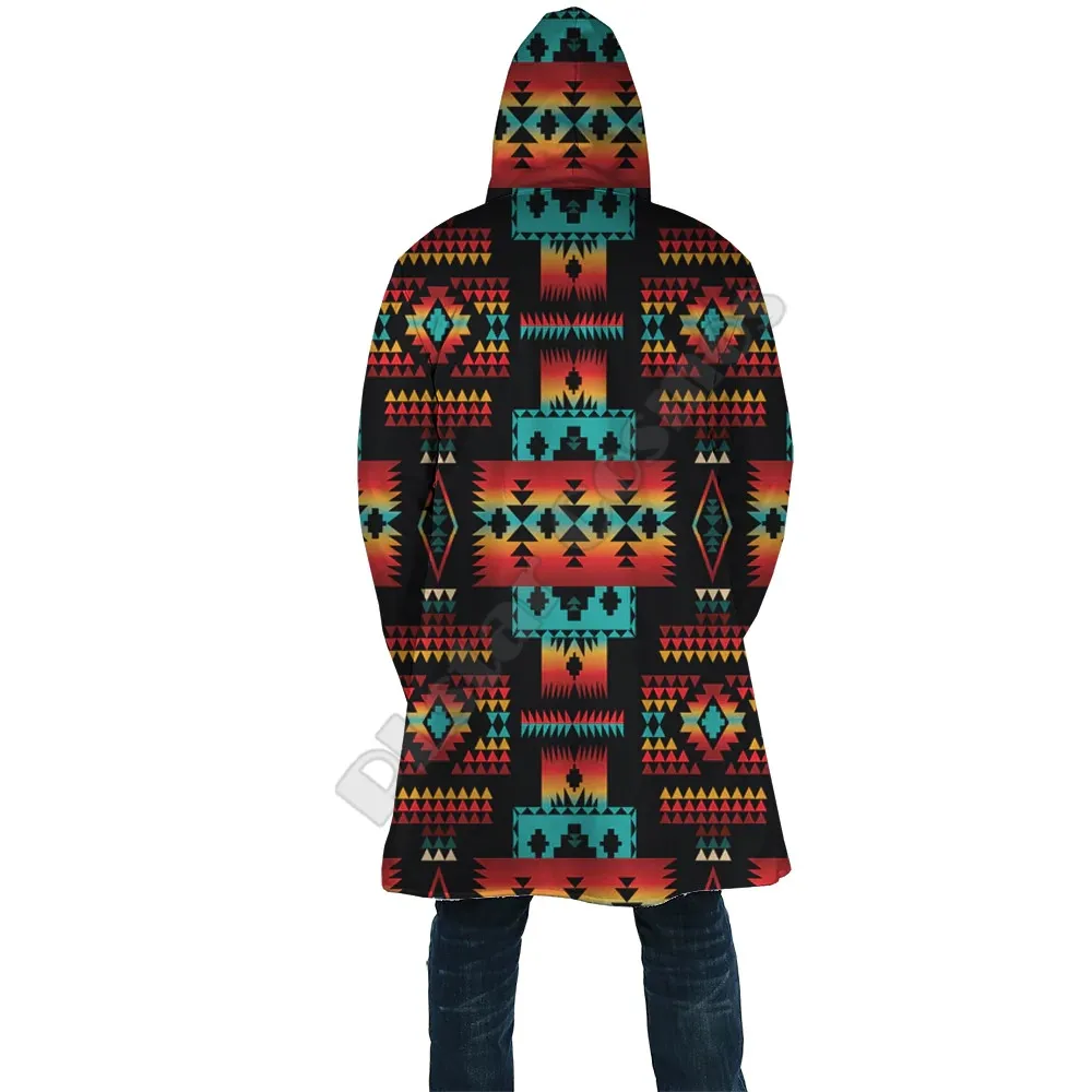 Blue Native Tribes Pattern Native American Cloak 3D Printed Winter Hooded Cloaks Fleece Wind Breaker Unisex Warm Overcoat