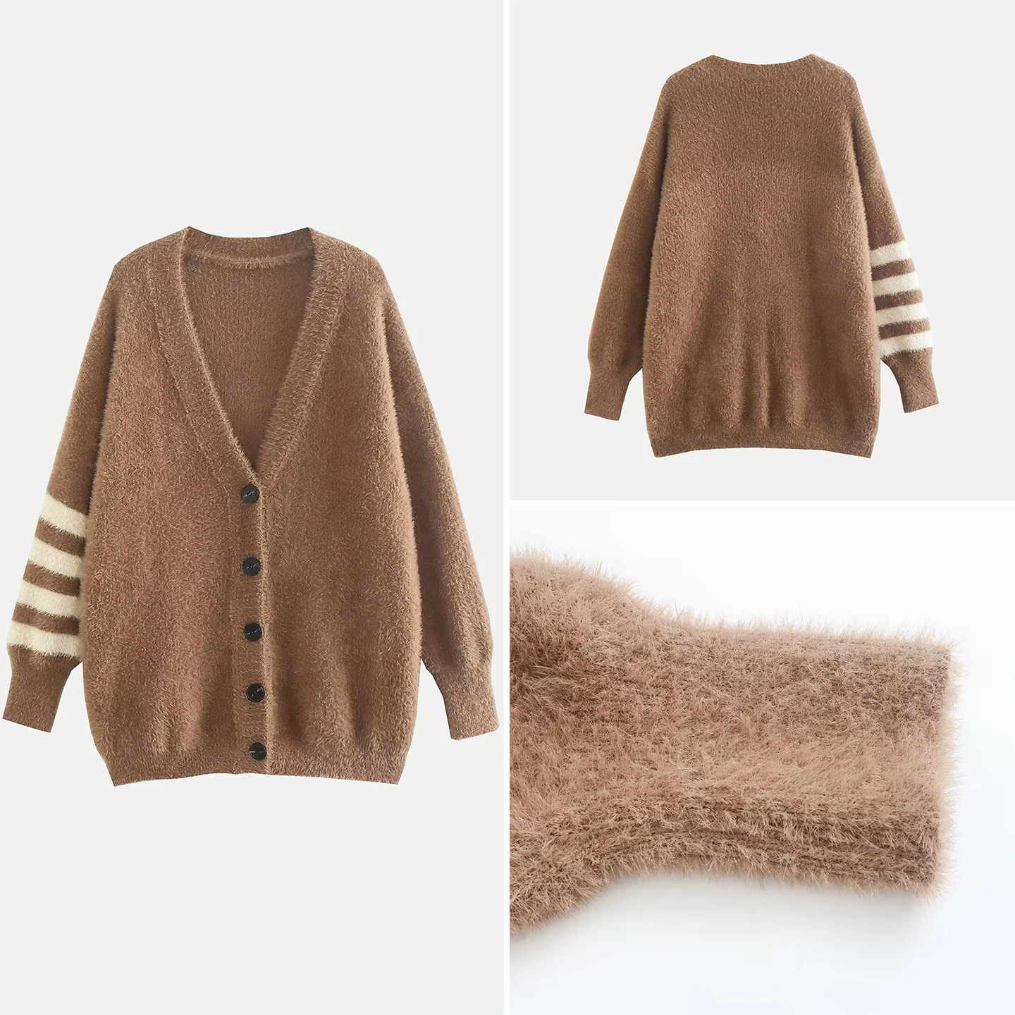 

Повседневный свободный женский вязаный кардиган в полоску с имитацией меха, модный осенний свитер 2025 года с открытым передом