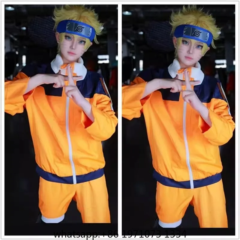Uzumaki Cosplay Costume Orange Clothes with Headband & Kunai Pouch Pre-Shippuden Genin Ninja Outfit Blonde Wig Unisex Adult Hall - view 3