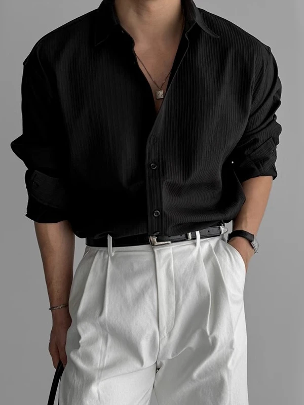 

Мужская свободная рубашка с длинным рукавом, текстурированная, повседневная, в корейском стиле, весна 2025