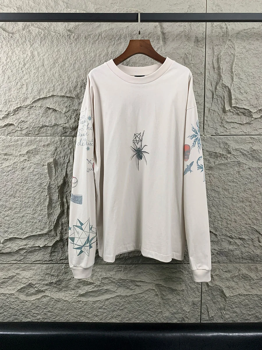 

Ретро-футболка в уличном стиле с принтом паука, винтажная, свободного кроя, с длинным рукавом, повседневная, дышащая, из хлопка, с круглым вырезом