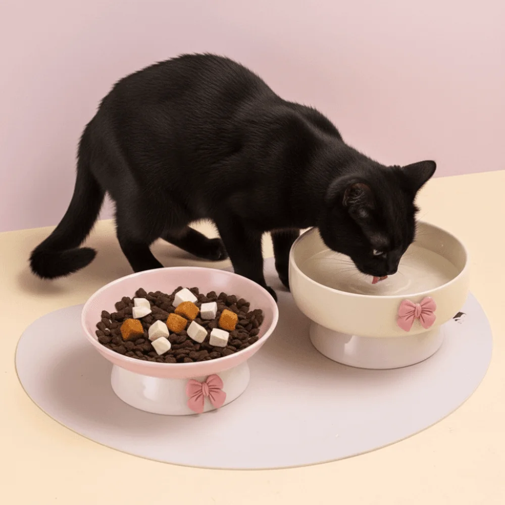 

Cute Large Capacity Ceramic Cat Bowl Non-Slip Base Macaron Colors Elevated Pet Bowl with Bow Pet Feeding Bowl For Puppy Cats