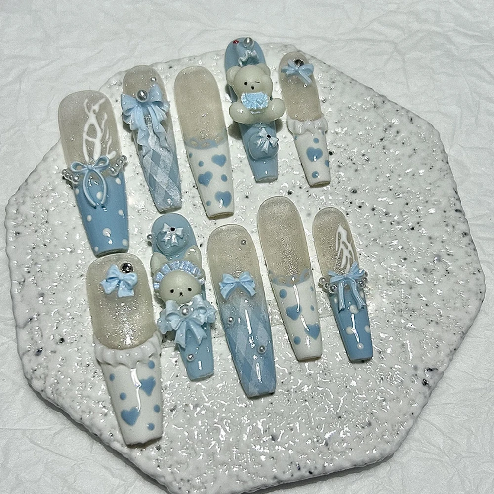 10 stuks Kawaii 3D boog teddybeer Franse handgemaakte pers op nagels schattig blauw konijntje lange nepnagels parels polka dot meisje nagelkunst