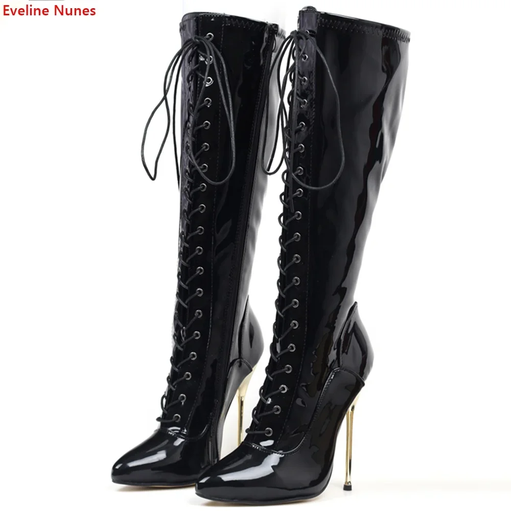 

Metal Heel Lace-Up Mid Boots Women's Solid Black Patent Leather 15CM Stiletto Pointed Toe Fashion Elegant Plus Size Shoes