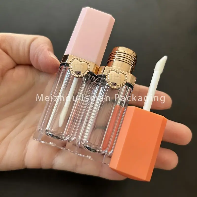 50Pcs luxury orange pink heart shape lipstick packaging cosmetic clear octagon lip gloss containers tube with brush 9ml