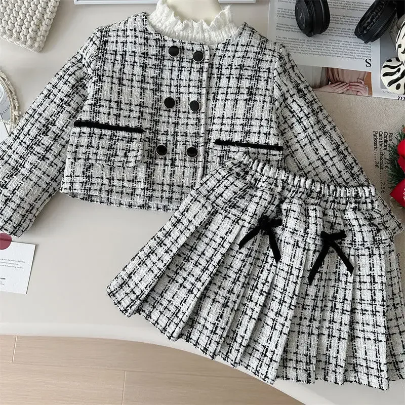 2024 Elegant Girls Baby Autumn Winter Plaid 2pcs Clothing Set Thick Warm Coats+Skirts,Kids Children Birthday Clothes Outfits