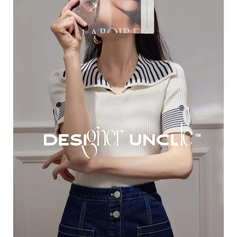 

Women Summer Simplicity Office Lady Striped Polo Collar Short Sleeve Thin Knitwear Ladies Fashion All-match Temperament Tops