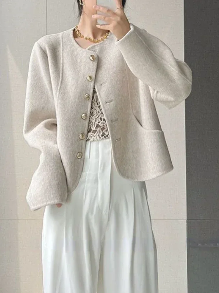 Nowe płaszcze damskie na jesień 2025, moda koreańska, okrągły dekolt, jednorzędowy płaszcz wełniany, elegancki temperament, różowe kurtki dla kobiet.