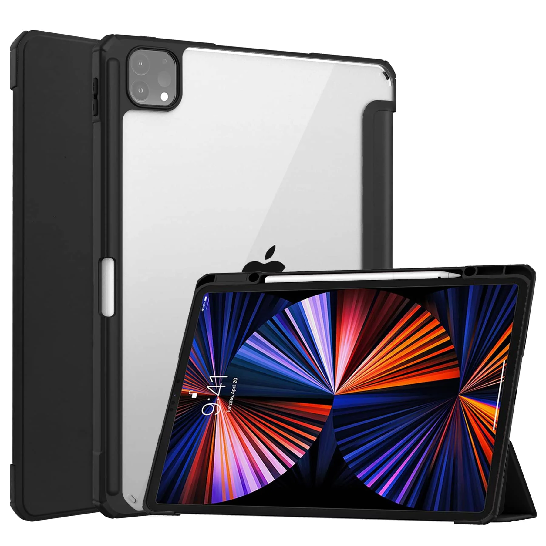 For iPad Pro 12.9 2018, 2020, 2021, 2022 with Pen Holder-[Tri-fold Stand + Auto Wake/Sleep],High-grade Acrylic Case Transparent