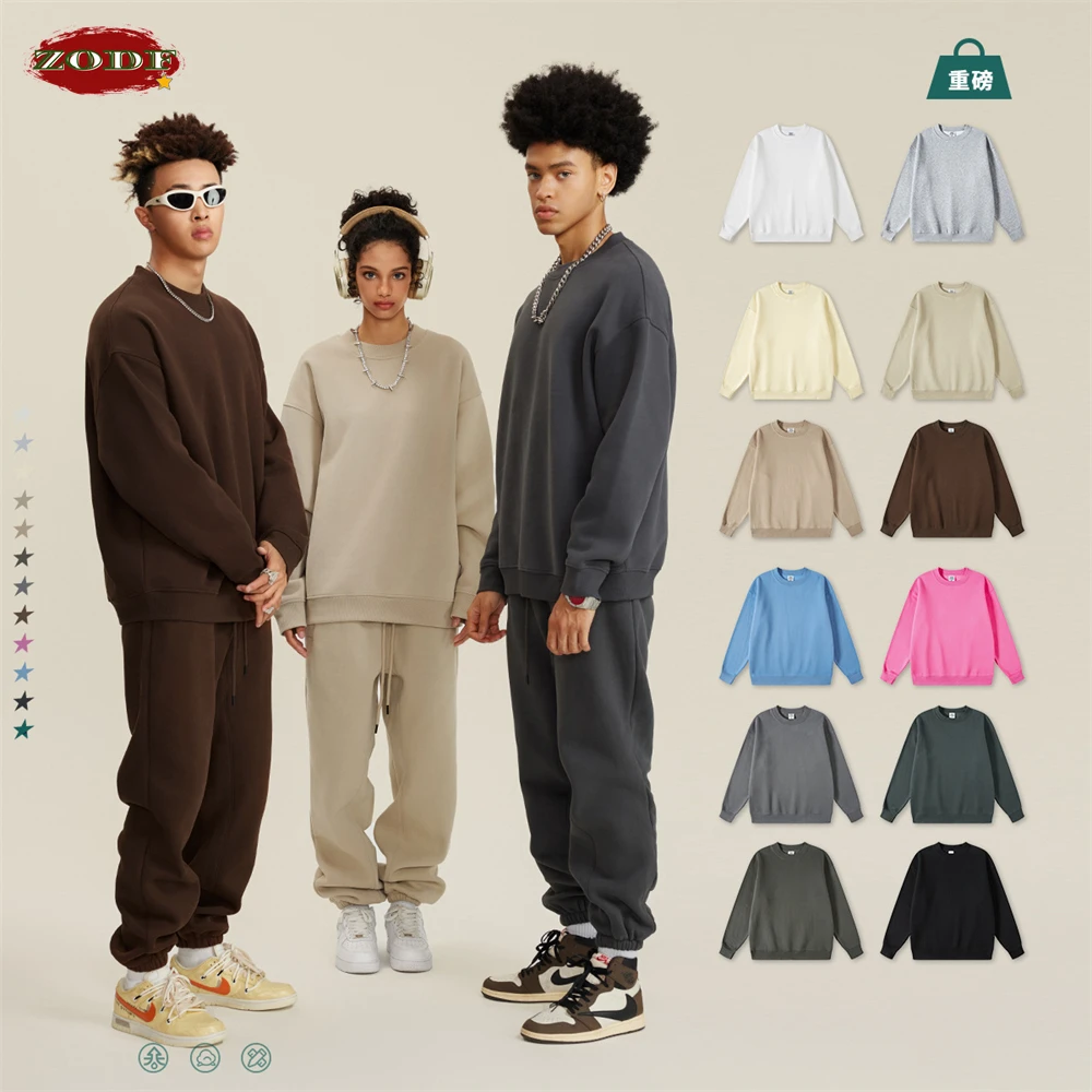 ZODF New Men 345GSM Fleece Sweatshirt Autumn Winter Unisex Loose Solid O-Neck Hoodie Pullovers Streetwears HY0011