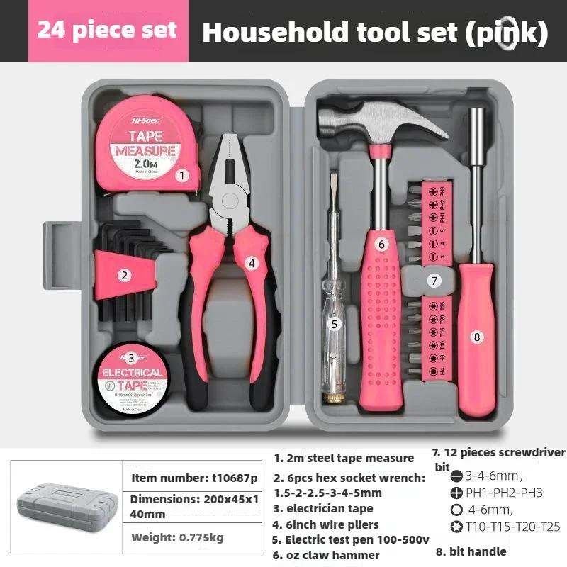 Pink Multifunctional Home Repair Toolbox Home Hardware Set Portable Pliers Tape Measure Hammer Combination Set