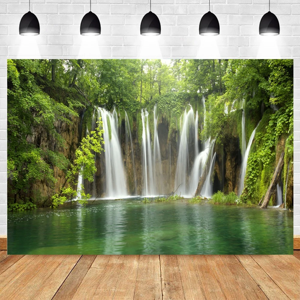 Summer Natural Scenery Backdrop Mountain Waterfall Forest Flower Lake Landscape Baby Portrait Photography Background Photo Studi