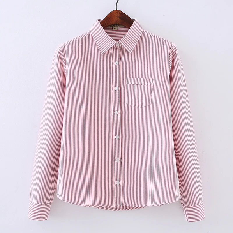 Cotton White Blue Pink Striped Shirt Women 2024 Spring New Simple Casual Lapel Long Sleeve Blouses & Tops Office Ladies Clothes