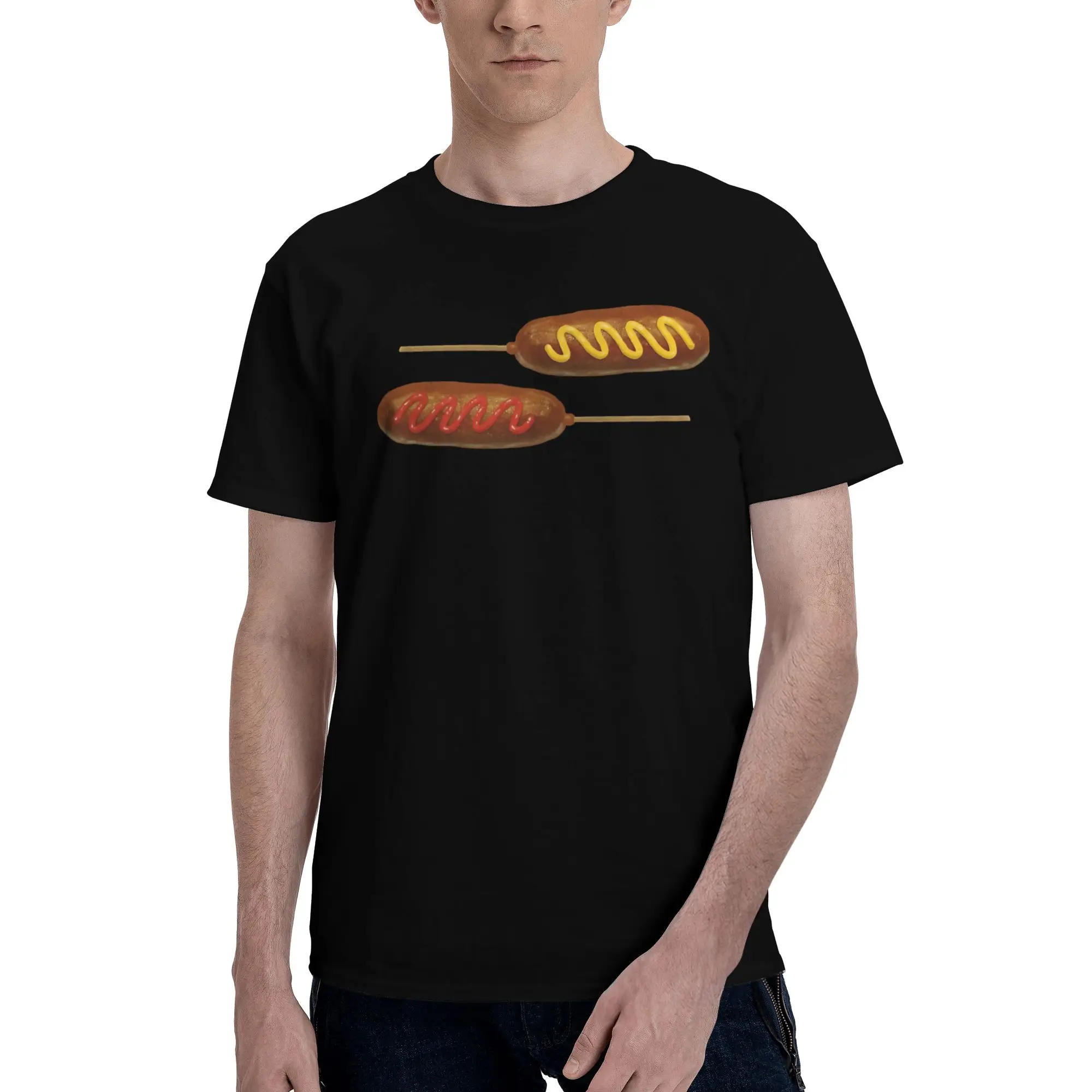 Corn Dogs  Men T Shirt Hot Dog Vintage Tees Short Sleeve Crew Neck 100% Cotton Printing Clothes T-Shirt