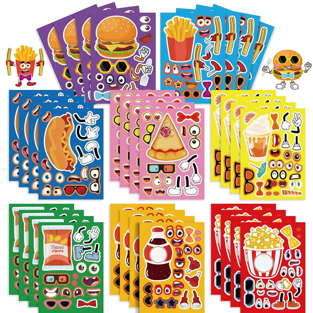 8/16Sheets DIY Food Puzzle Stickers Create Your Own Fries Burger Coke Funny Kids Game Assemble Jigsaw Children Gift Party Favor