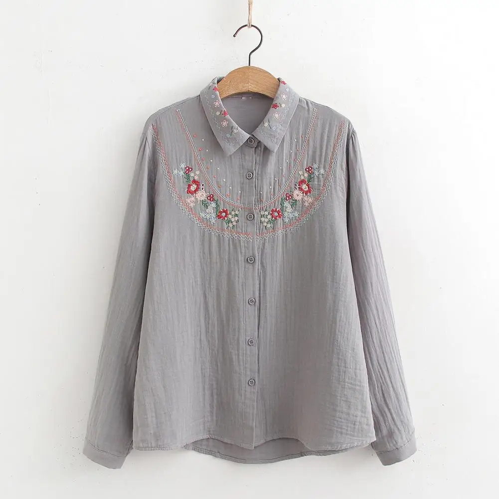 

Women Shirt Lapel Long Sleeve Casual Shirts Embroidered Flower Pattern Shirt Single Breasted Women Blouse Loose Fit Shirt Tops