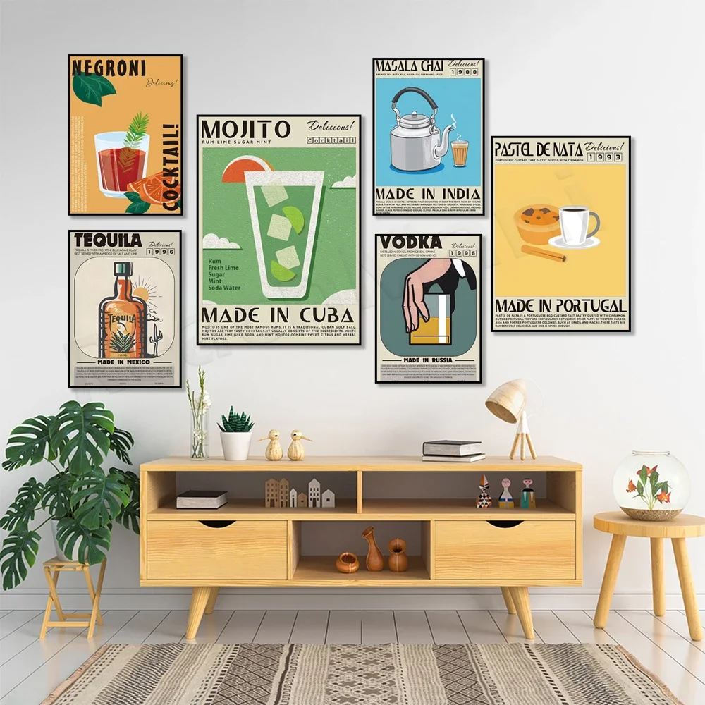 Gin and tonic, martini, vodka, tequila, mojito cocktails, fun cocktail logo wall art poster, home bar kitchen decor