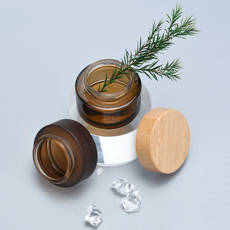 Wholesale 100pcs/lot 15g 20g 30g 50g cosmetic cream containers frosted amber glass jar with  bamboo wood lid engraving logo