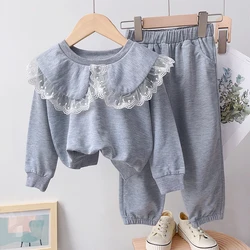 Menoea Sweater Set Fashion Children's and Girls' Autumn Set Lapel Lace Top+Pants Two Piece Set Girls' Sweatshirt Pants Set