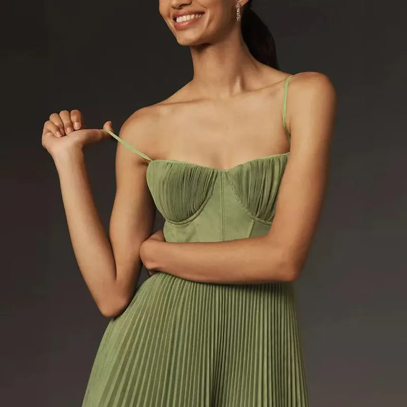 Vestido largo sexi sin tirantes con corte en A, novedad de primavera y verano, vestidos plisados lisos, vestido informal sin mangas con espalda descubierta y cremallera para mujer