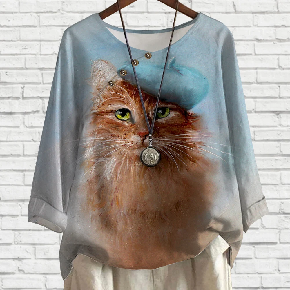 CLOOCL Women T-shirt Orange Cat with Beret Painting Printed Blouses Loose Fit Animal Shirts Button Decor Long Sleeve Tees Tops