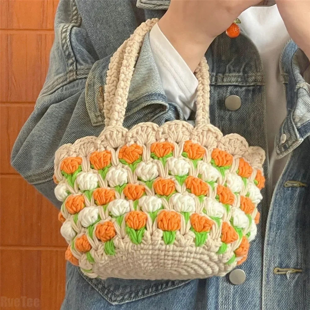 Tulip Wool Hand Bag Handmade Knitting Picnic Bag Lunch Bag for Women Girl Gift Outside