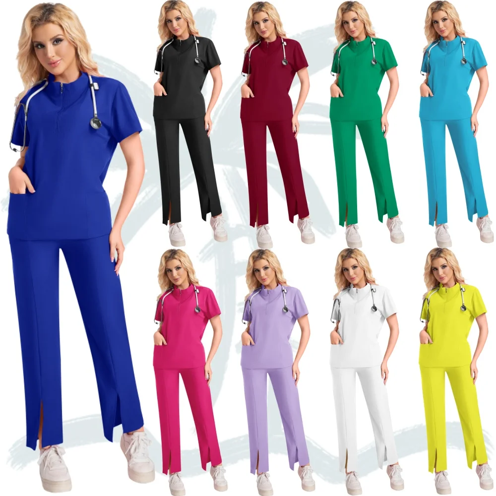 Combinaison de travail de haute qualité pour Spa, uniforme d'hôpital pour infirmières, ensembles de frottement pour femmes, ensemble de gommage à fermeture éclair, uniformes médicaux à manches courtes
